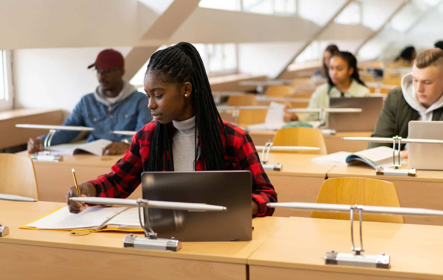 Student studying abroad in a library