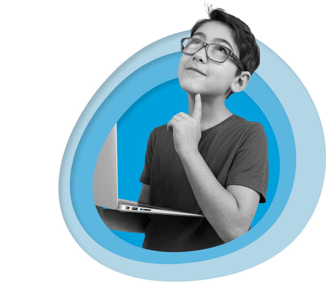 Pensive student holding laptop
